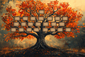 Realistic family genealogy family tree template with empty frames for text or icons. Autumn landscape