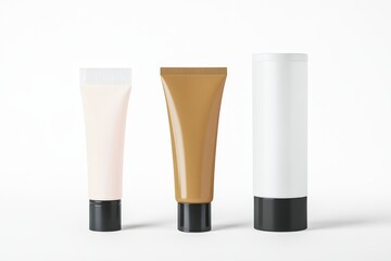 Three tubes of cosmetic creams in varying sizes and colors, featuring sleek designs and dark bases, set against a minimalist white background.