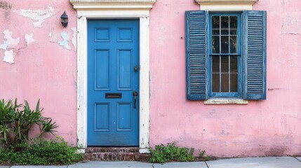 Bright Blue Door on a Weathered Pink Wall with Shutters in a Charming Historic Neighborhood, Inviting and Full of Character, Perfect for Home Decor Inspiration