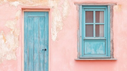 Vintage Style House Exterior With Colorful Wooden Door And Window Set Against A Soft Peach Wall, Perfect For Illustrating Charm And Character In Architecture Photography