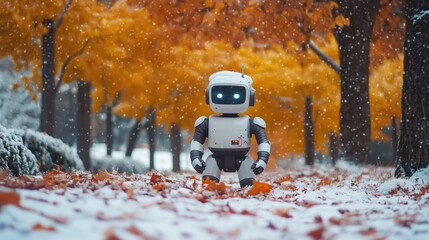 The adorable robot gazes curiously in a snowy park scattered with autumn leaves, the tranquil backdrop of trees adding warmth to the frosty setting.