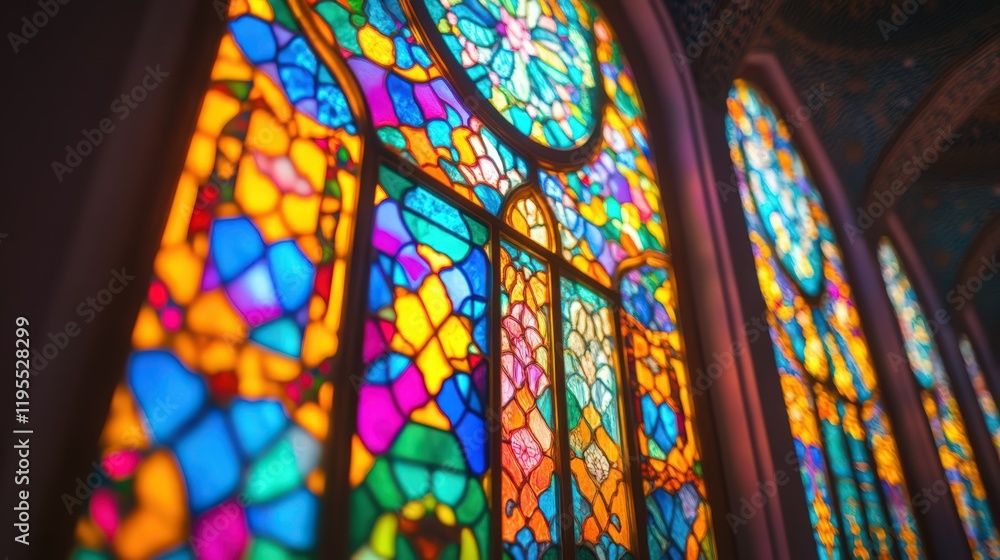 Poster vibrant stained glass windows displaying intricate patterns and bold colors