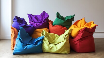 Chaotically heaped soft multi colored armchairs bags