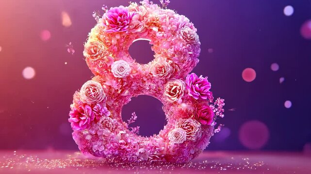 Floral number 8 formed by vibrant pink flowers celebrating international women's day march 8