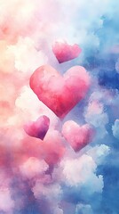 Obraz premium A romantic watercolor painting of hearts floating in pastel clouds, ideal for Valentine's Day cards or decor.