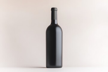 A sleek black wine bottle stands against a light background, showcasing minimalist elegance and sophistication.