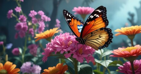 Obraz premium A butterfly perched on a large flower with bold, bright colors and intricate details , blossom, lantana