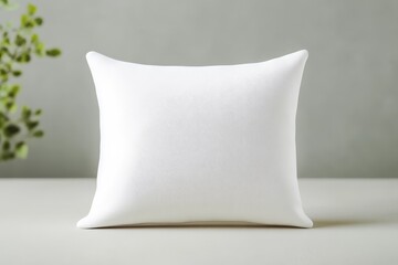 A simple white decorative pillow with textured detailing, placed on a neutral surface, surrounded by soft greenery.