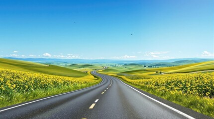 Fototapeta premium A car is driving down an asphalt road at sunset with the sun shining brightly behind it and casting a warm orange glow over the entire scene, driving vehicle, car driving, asphalt road, , orange sky