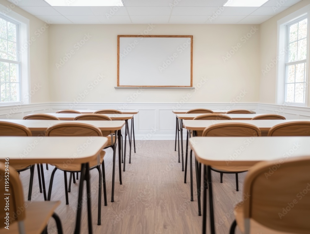 Poster empty classroom with whiteboard and wooden desks is ready for students
