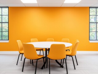 Modern conference room with round table and orange chairs fostering balanced and inclusive layout