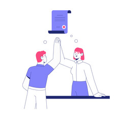 Male And Female Celebrating Contract Signing In Flat Vector Illustration Symbolizing Success, Agreement, And Teamwork, Isolated On White Background