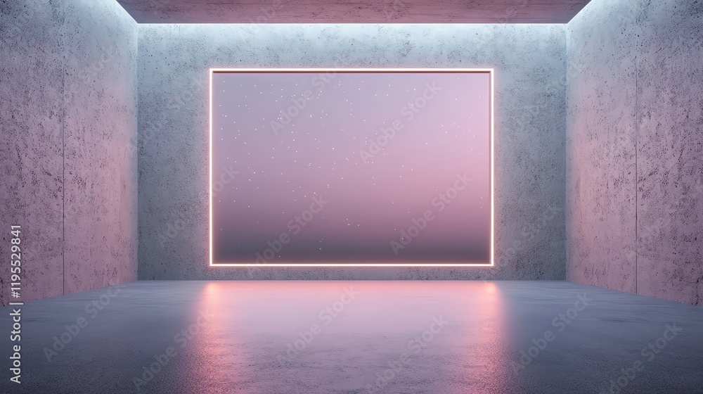 Poster modern empty gallery room with neon lights and a large frame for art display.