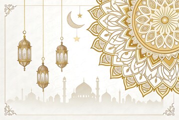 Islamic geometric pattern, intricate gold mandala, Ramadan decoration, beige background