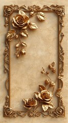 Golden rose ornate frame on marble background;  elegant design for decor or invitation