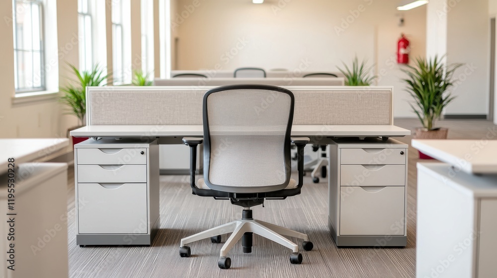 Aufkleber modern office workspace featuring ergonomic chairs and desks promoting collaborative teamwork