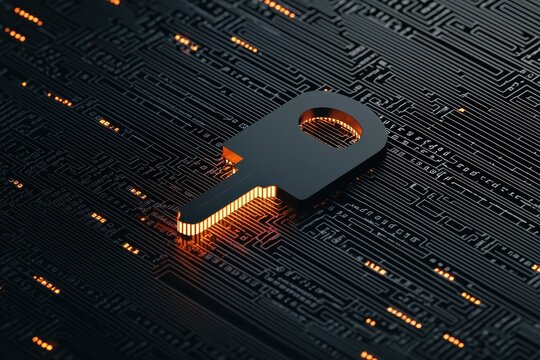 Glowing data encryption key floating in a matrix of binary code symbolizing secure data transmission