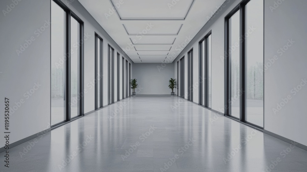 Poster empty modern hallway with panoramic windows emphasizing openness and natural light