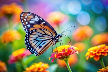 Fototapeta premium A close-up shot of a butterfly perched on a colorful flower, with a blurred background, nature, wildlife, insects, entomology, flowers