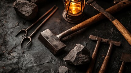 Historical mining tools displayed in a rustic setting with soft glowing light creating a sense of heritage and nostalgia
