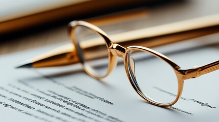 Elegant glasses and a pen rest on a document, suggesting themes of intellect and professionalism in a softly lit setting.