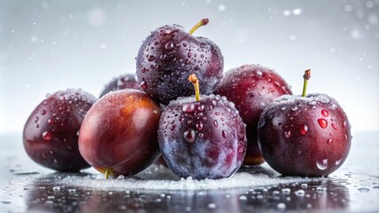 A cluster of plums is shown on a snowy-white background with large droplets of slimy sap dripping from the plums, fluid, viscous, wet