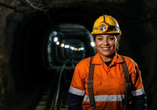 Hispanic female miner smiling in orange safety gear in underground tunnel - Powered by Adobe