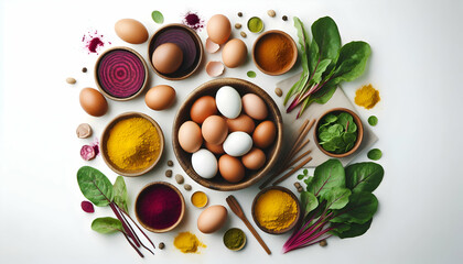 Easter Theme: A Flat Lay Of Eggs In Earthy Tones Surrounded By Raw Ingredients For Dyeing (Beets, Spinach, Turmeric), Isolated On A White Background