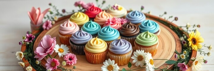 A collection of assorted colored cupcakes placed in the center of a large round wooden table or platter surrounded by decorative flowers or greenery, floral arrangements, celebration