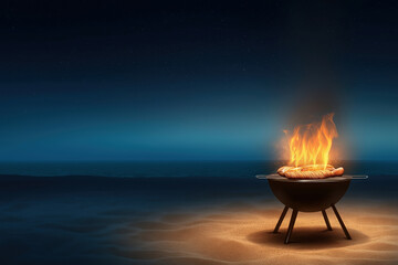 Grill cooking sausages over an open flame on a beach at twilight by the ocean