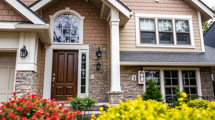 Luxury House Exterior: Modern Home Design with Stone Facade and Landscaped Garden. Real Estate Photography