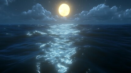 Serene Night Sea: Moonlit Ocean Waves under Starry Sky