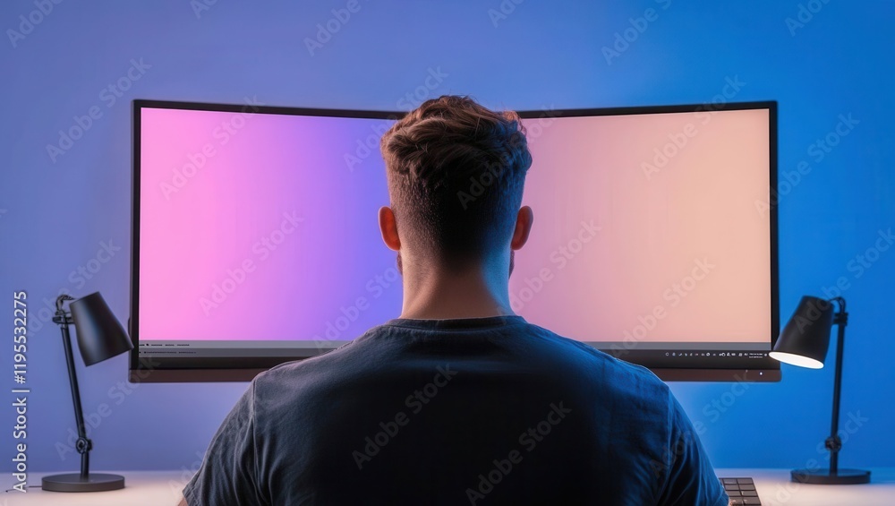 Fototapete Remote graphic designer setting up creative layouts on a dual-monitor workstation with vibrant digital tools displayed