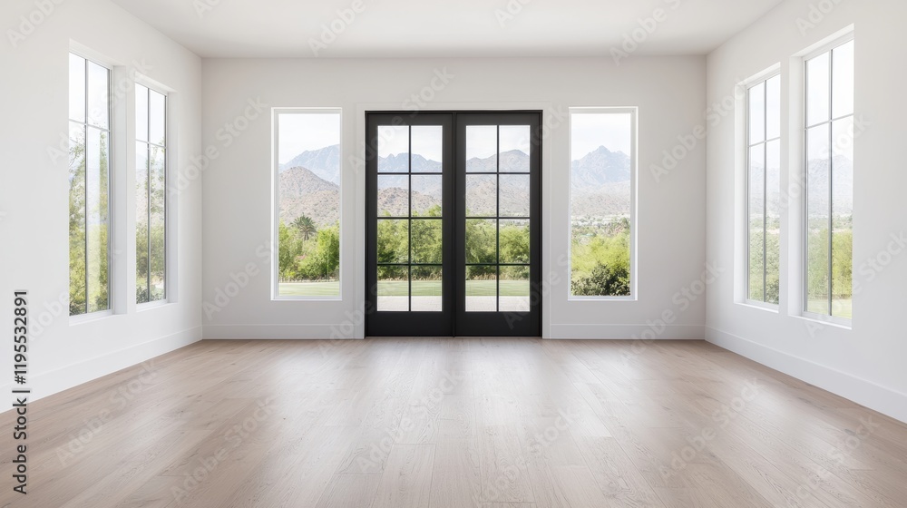Poster bright modern empty office with large windows offering scenic views