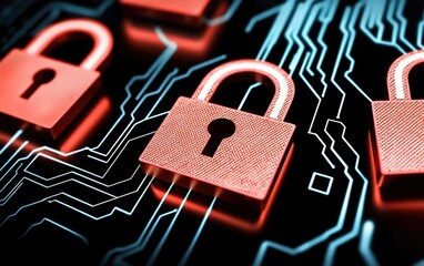 Seamless digital security visualized as a holographic interface with glowing padlocks and intricate encrypted data streams