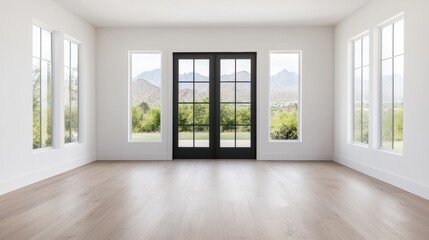 Fototapeta premium Bright modern empty office with large windows offering scenic views