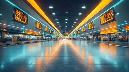 Fototapeta premium Empty modern train station interior with digital information boards and vibrant lighting.