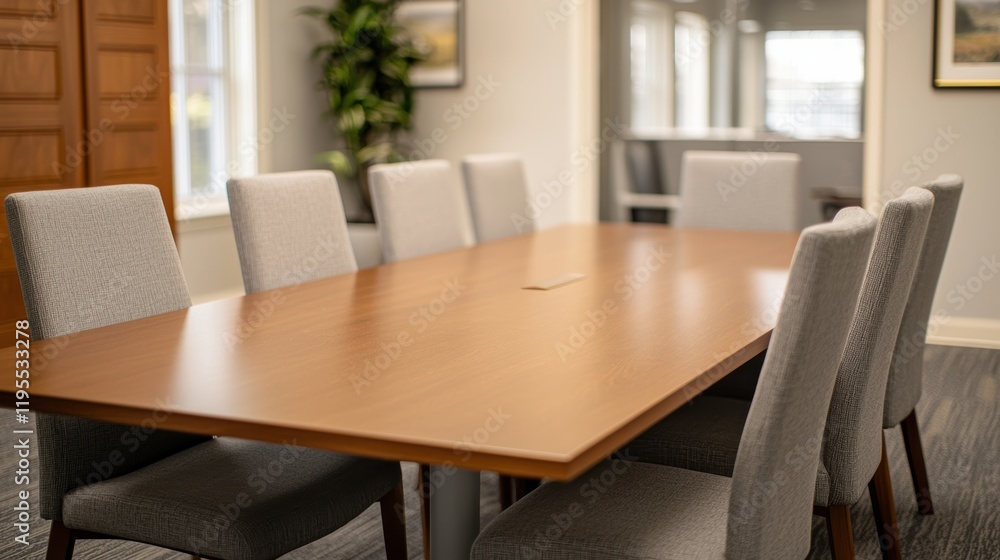 Poster Clean boardroom with empty table and chairs arranged for teamwork