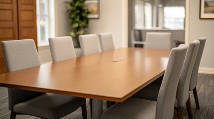 Clean boardroom with empty table and chairs arranged for teamwork
