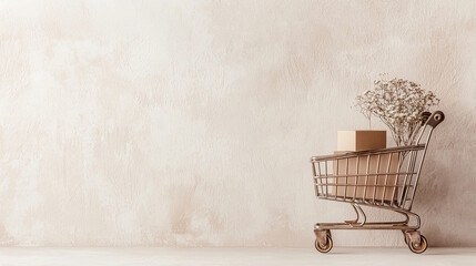 A rustic, wooden shopping cart with visible grain details and a vintage touch, set against a neutral beige background with light textures that evoke warmth and simplicity.