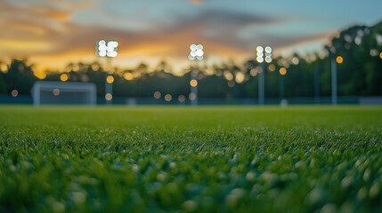 A dimly lit soccer field at night with dew-covered grass in focus, blurred lights, and a distant player, evoking calm, solitude, and the spirit of the game.