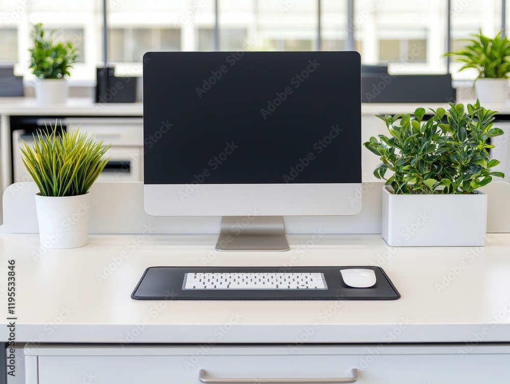 Poster modern workspace featuring computer, keyboard, and mouse on white desk with plants promoting product