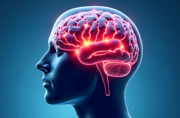 Obraz premium Visual Representation of Brain Activity in Psychology. A conceptual illustration of a human brain highlighting neural activity, used in medical psychology and neuroscience research.