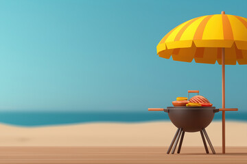 Sunny beach barbecue setup with colorful umbrella and delicious food