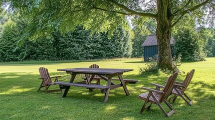 Serene Picnic Area- Wooden Table Chairs Under Tree