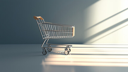 An empty shopping cart with metallic, reflective surfaces, placed on a smooth, solid color background (rich blue), casting long shadows that create depth and contrast.