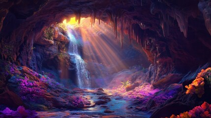 Fototapeta premium A majestic cave interior comes alive as sunlight filters through, highlighting the textures and vibrant shades of the natural rock formations.