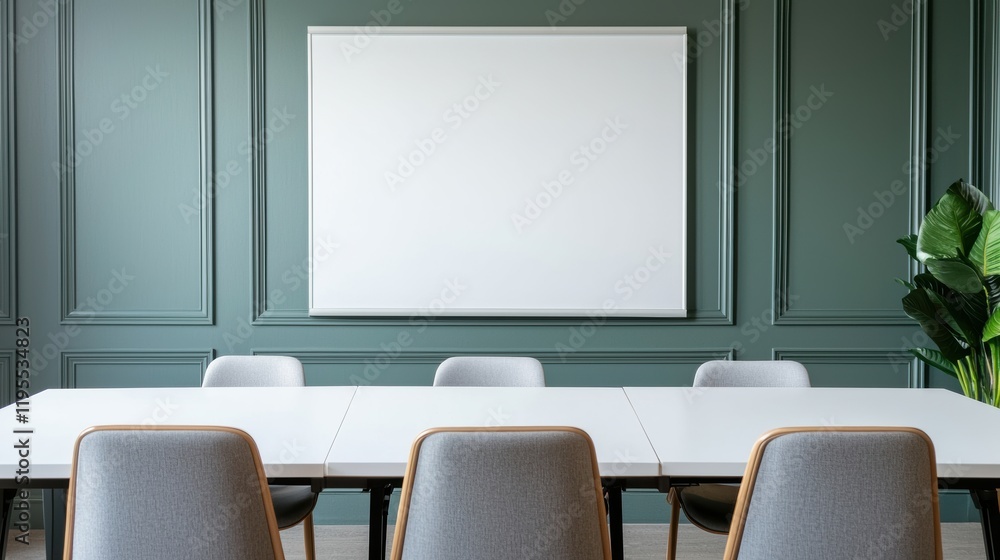 Poster modern meeting room with empty whiteboard and table ready for presentation