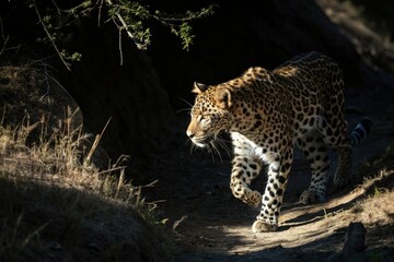 A leopard's body emerging from a dark shaded area into bright sunlight, animals in nature, nature, spotted, feline
