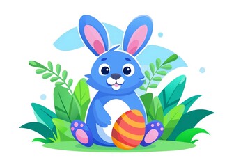 A blue rabbit is sitting in a grassy field holding an Easter egg